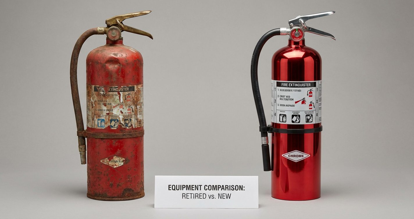Comparaison entre un extincteur ancien corrodé et un extincteur neuf côte à côte