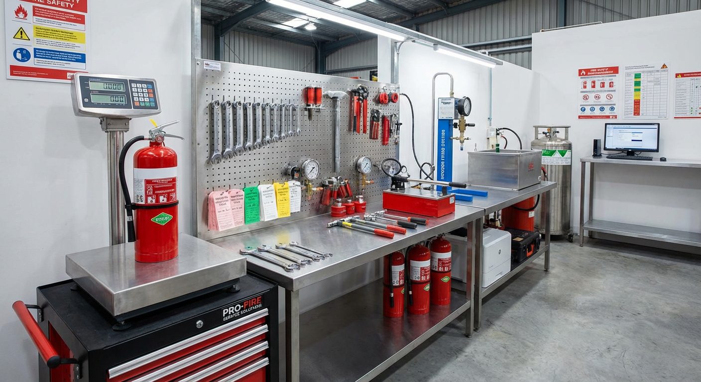 Etabli verification extincteurs avec balance outils et equipement de test
