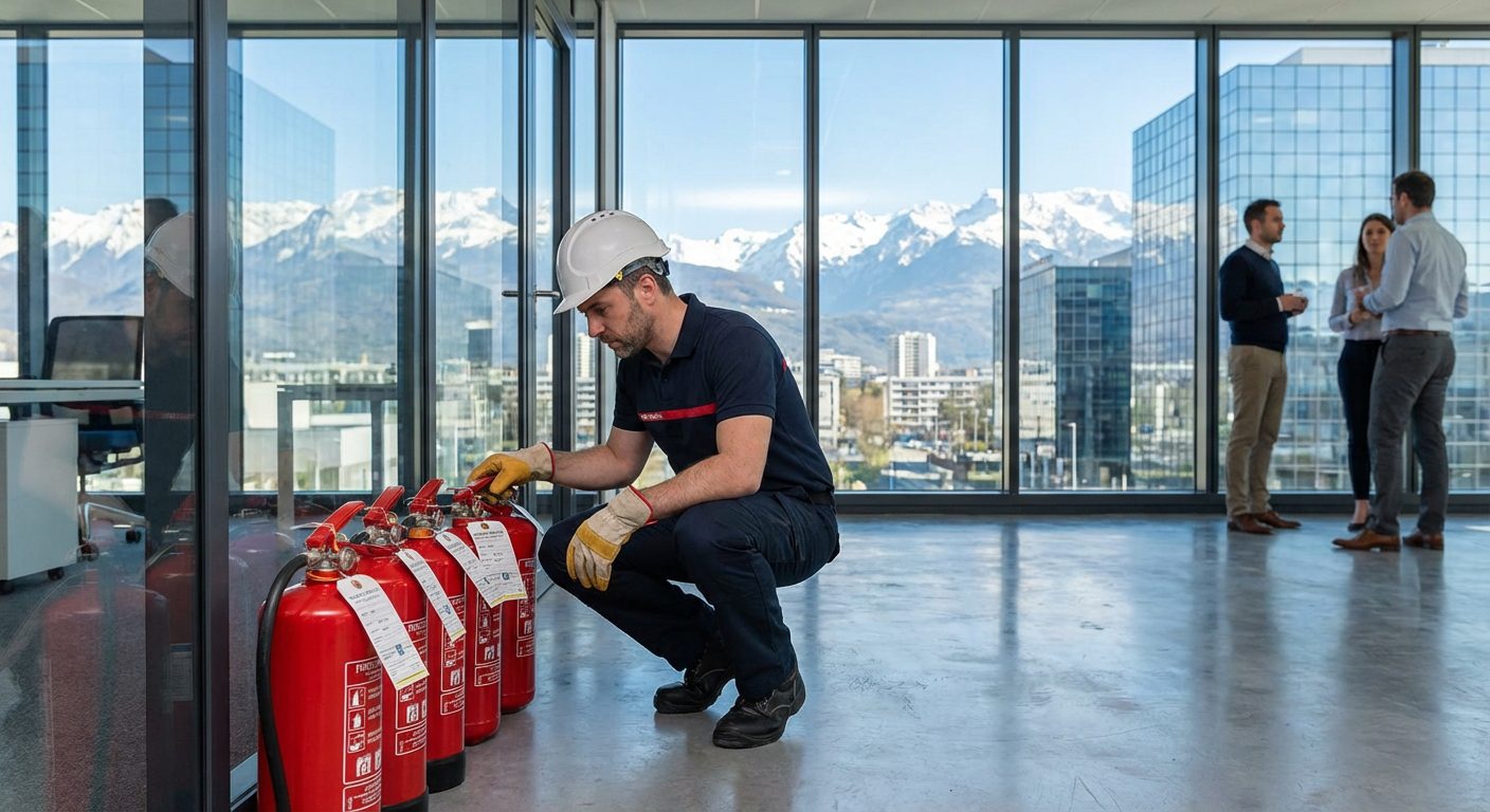 Technicien effectuant la maintenance d'extincteurs dans un immeuble de bureaux a Grenoble avec vue sur les Alpes