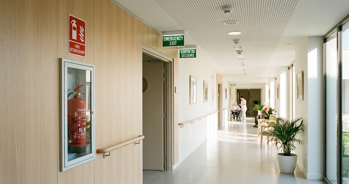 Equipements de securite incendie dans un couloir EHPAD