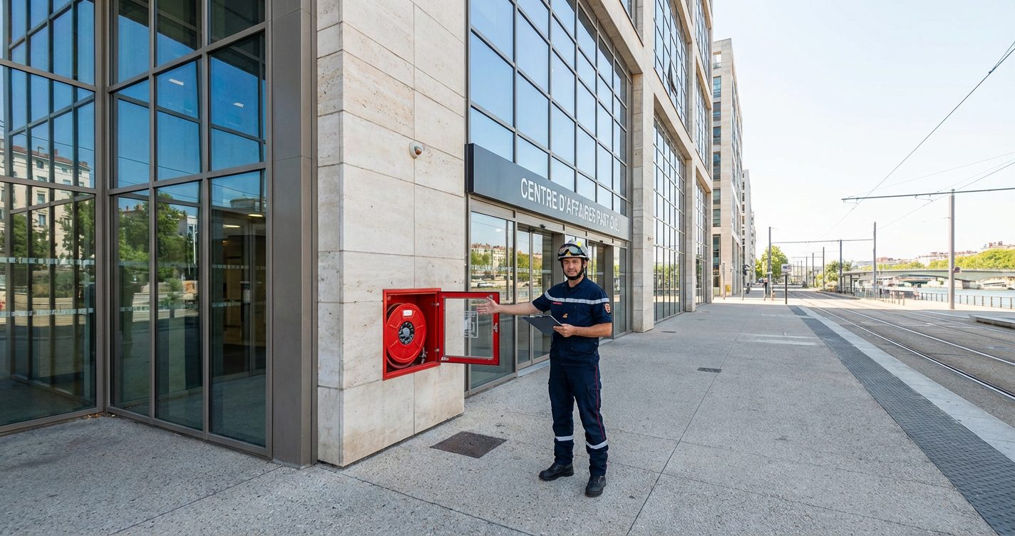 Inspecteur sécurité incendie réalisant un audit ERP à Lyon