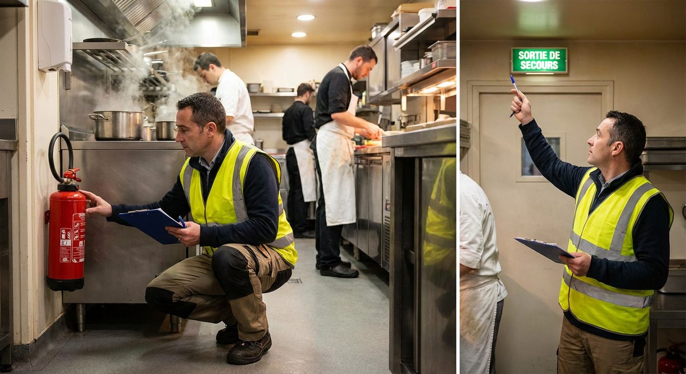 Inspecteur securite incendie verifiant extincteurs dans un restaurant a Lyon