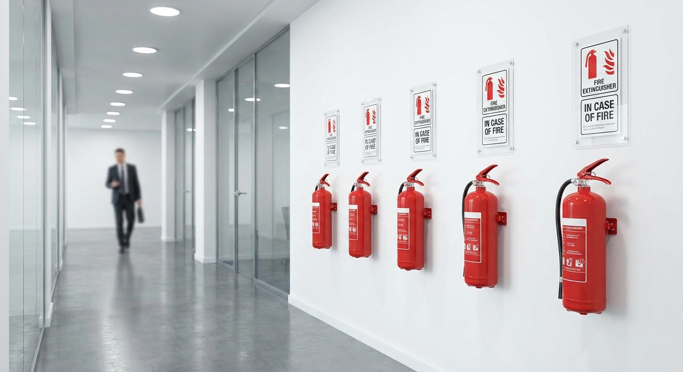 Rangée d'extincteurs rouges correctement espacés dans un couloir d'immeuble de bureaux