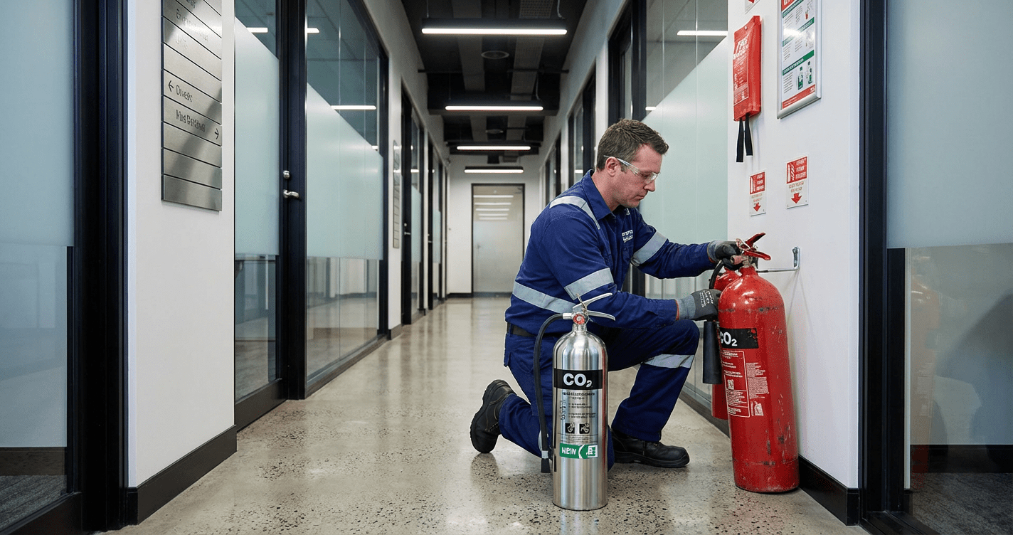 Technicien remplacant un extincteur CO2
