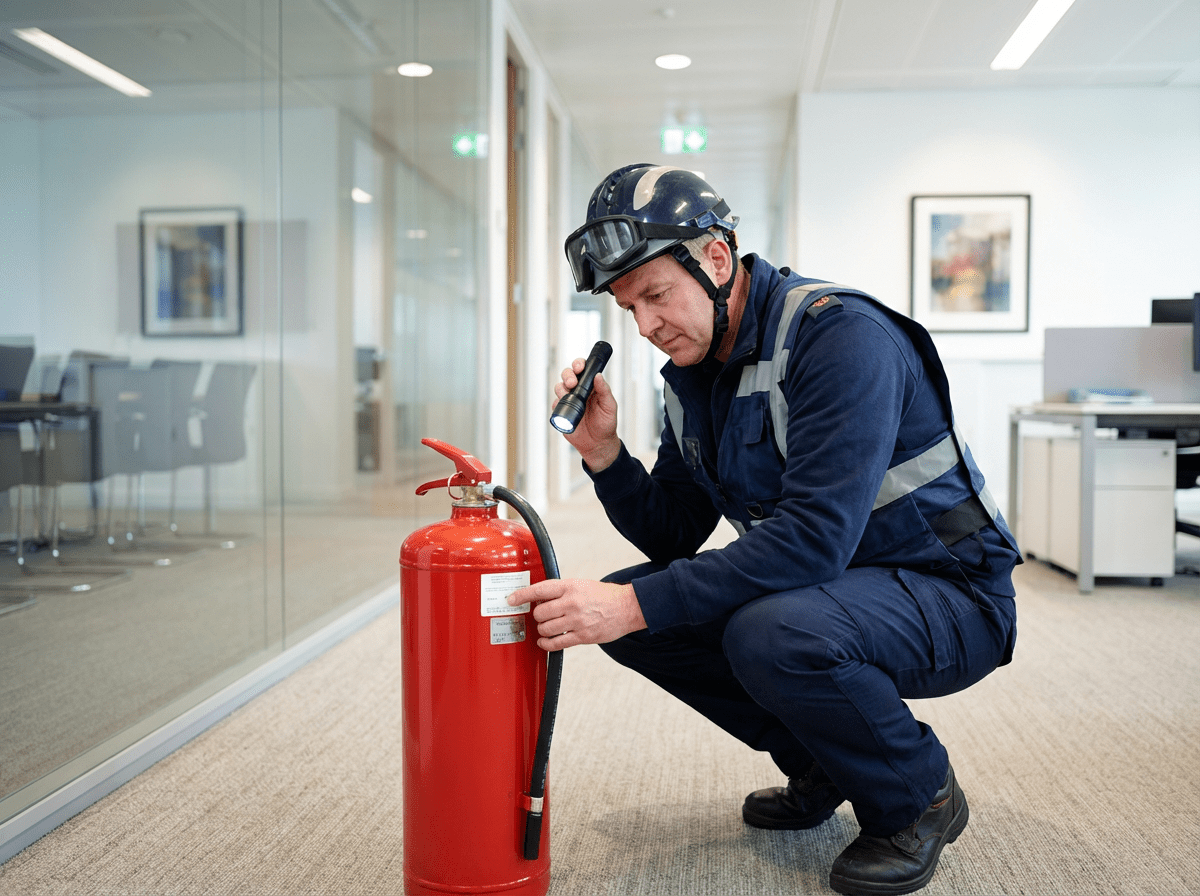 Technicien de maintenance inspectant la date de fabrication gravée sur un extincteur