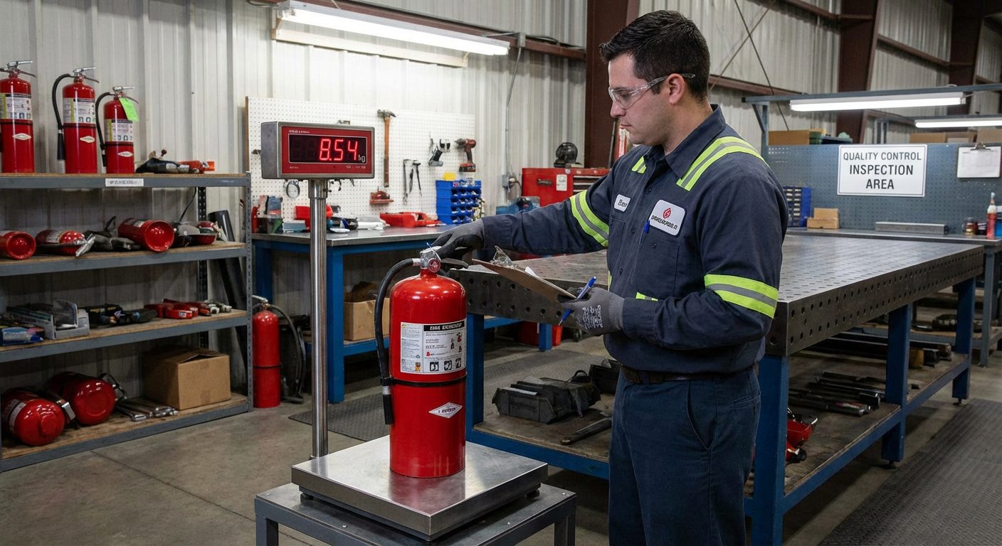 Technicien pesant un extincteur sur une balance de precision lors du controle qualite