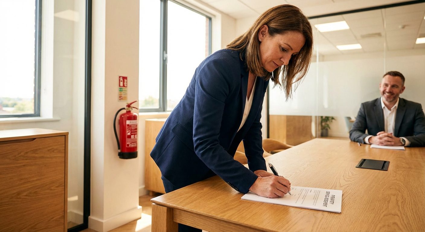 Professionnelle signant un contrat de maintenance extincteurs