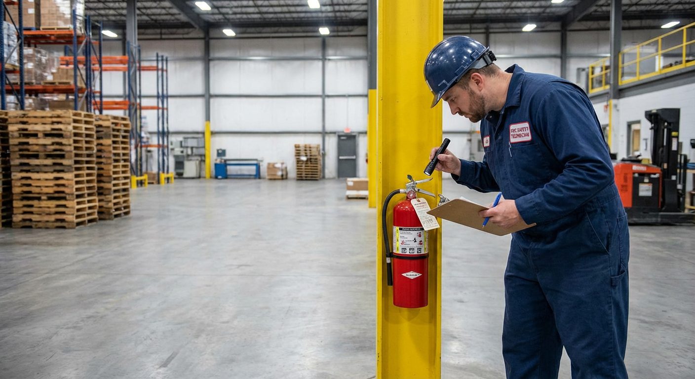 Technicien en uniforme vérifiant la conformité d'un extincteur dans un entrepôt