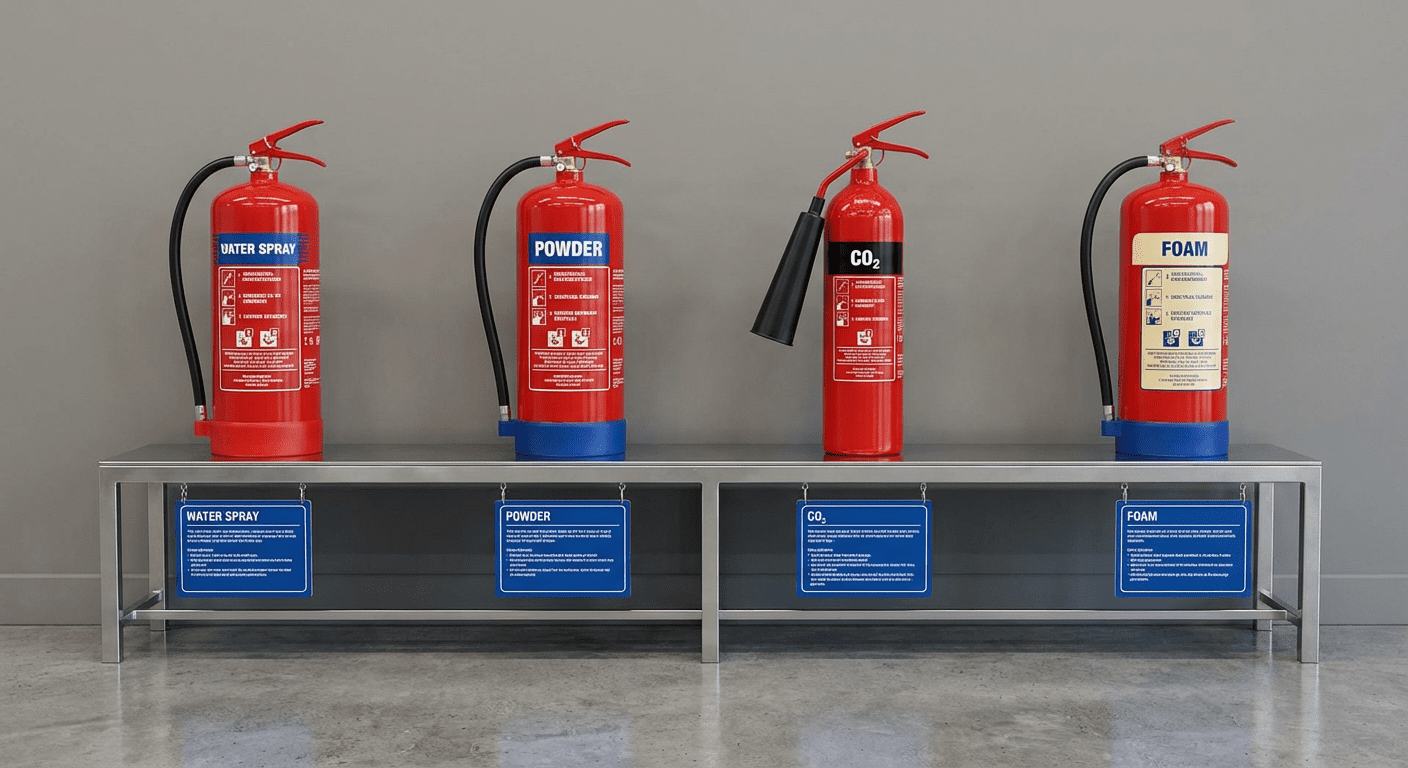 Différents types d'extincteurs alignés : eau pulvérisée, poudre, CO2 et mousse
