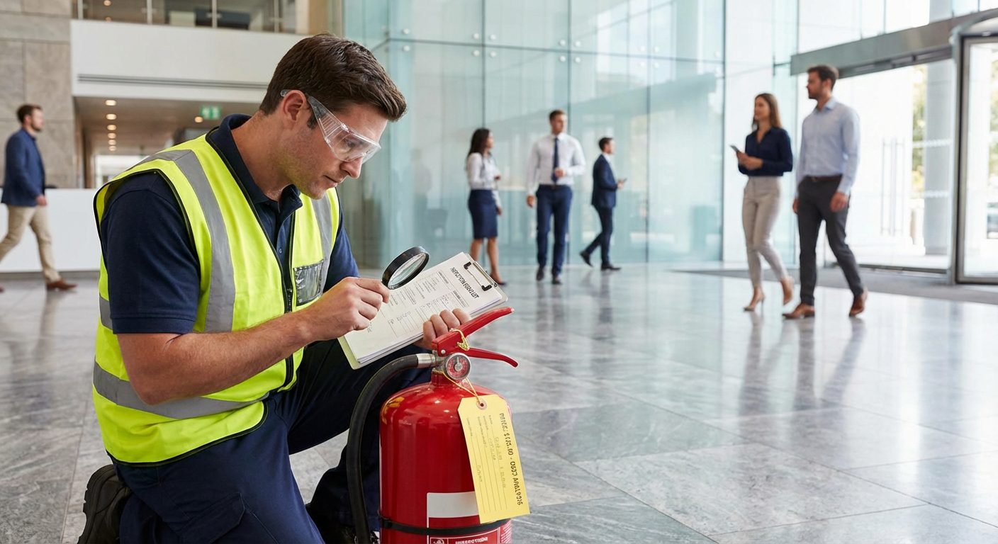 Technicien vérifiant la pression d'un extincteur lors du contrôle annuel