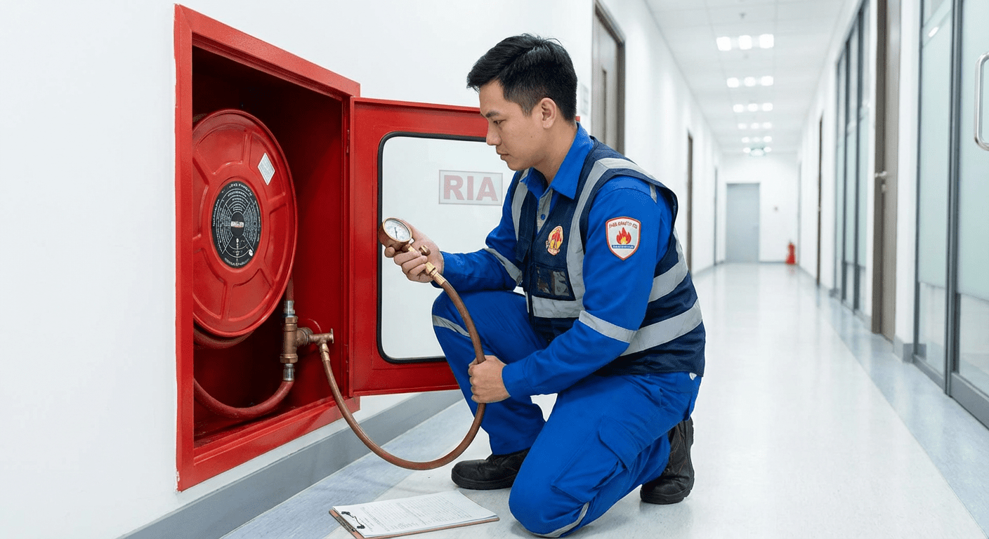 Technicien testant la pression d'un RIA lors de la vérification annuelle