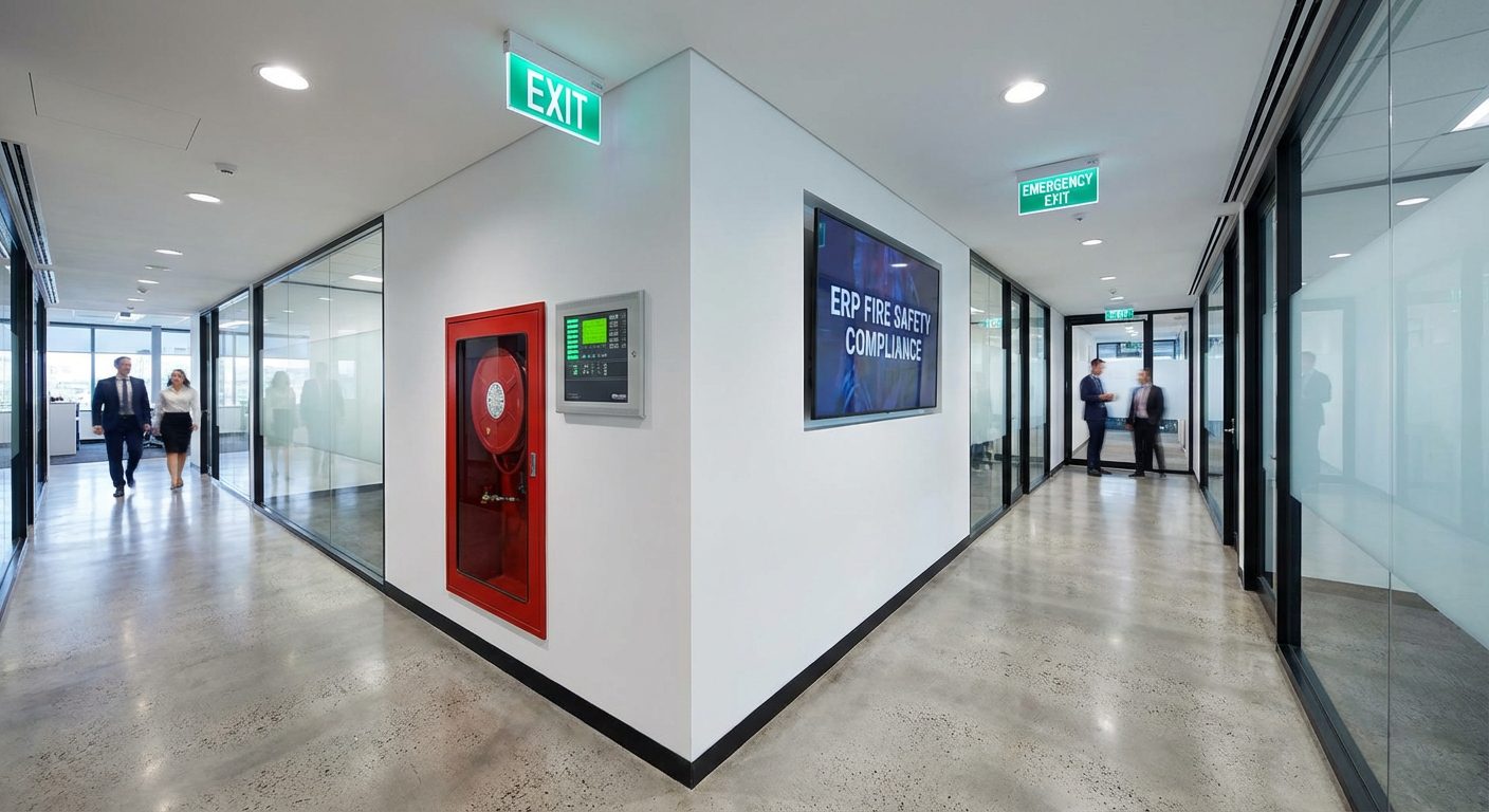 Couloir d'ERP équipé de RIA, BAES et signalisation de sécurité incendie