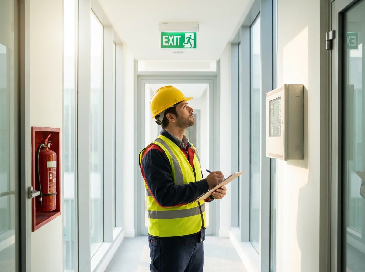 Inspecteur v&eacute;rifiant la conformit&eacute; incendie d&rsquo;un b&acirc;timent commercial