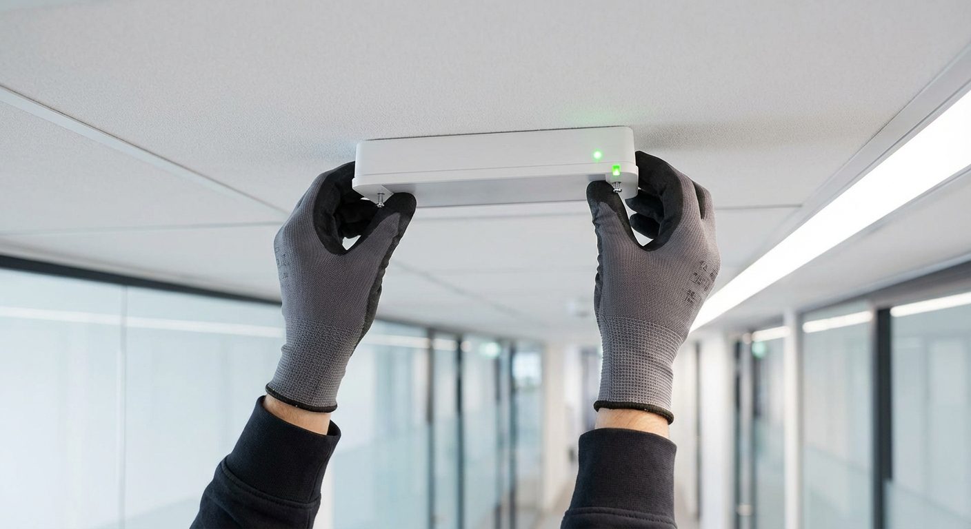 Installation BAES LED sur plafond de couloir commercial