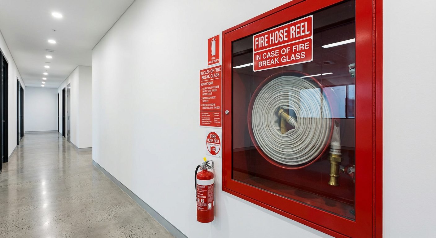 Armoire RIA robinet d'incendie armé installée dans un couloir d'immeuble commercial