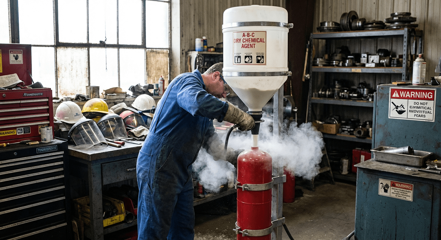 Technicien procédant au remplissage d'un extincteur en atelier