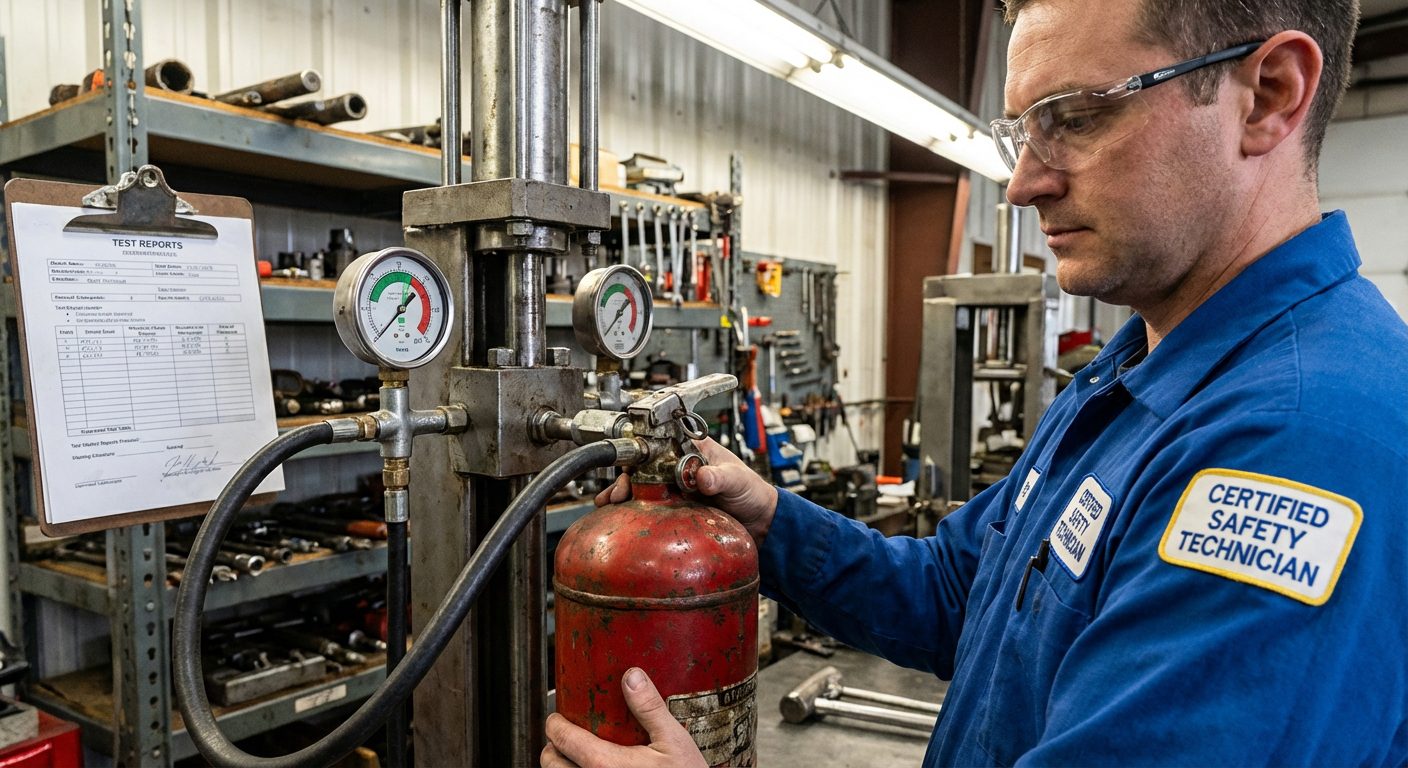 Technicien effectuant une reepreuve hydraulique sur un extincteur dans un atelier certifie