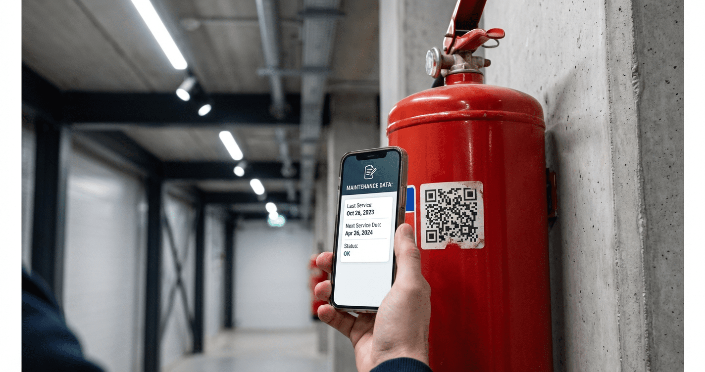 QR code extincteur scanne avec un smartphone pour consultation des donnees de maintenance
