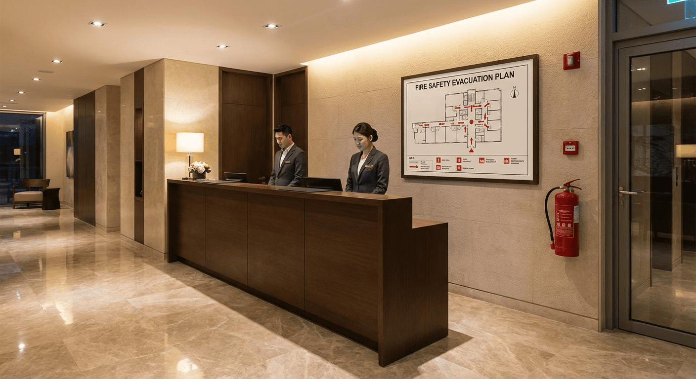 Réception d'hôtel avec plan de sécurité incendie et extincteur