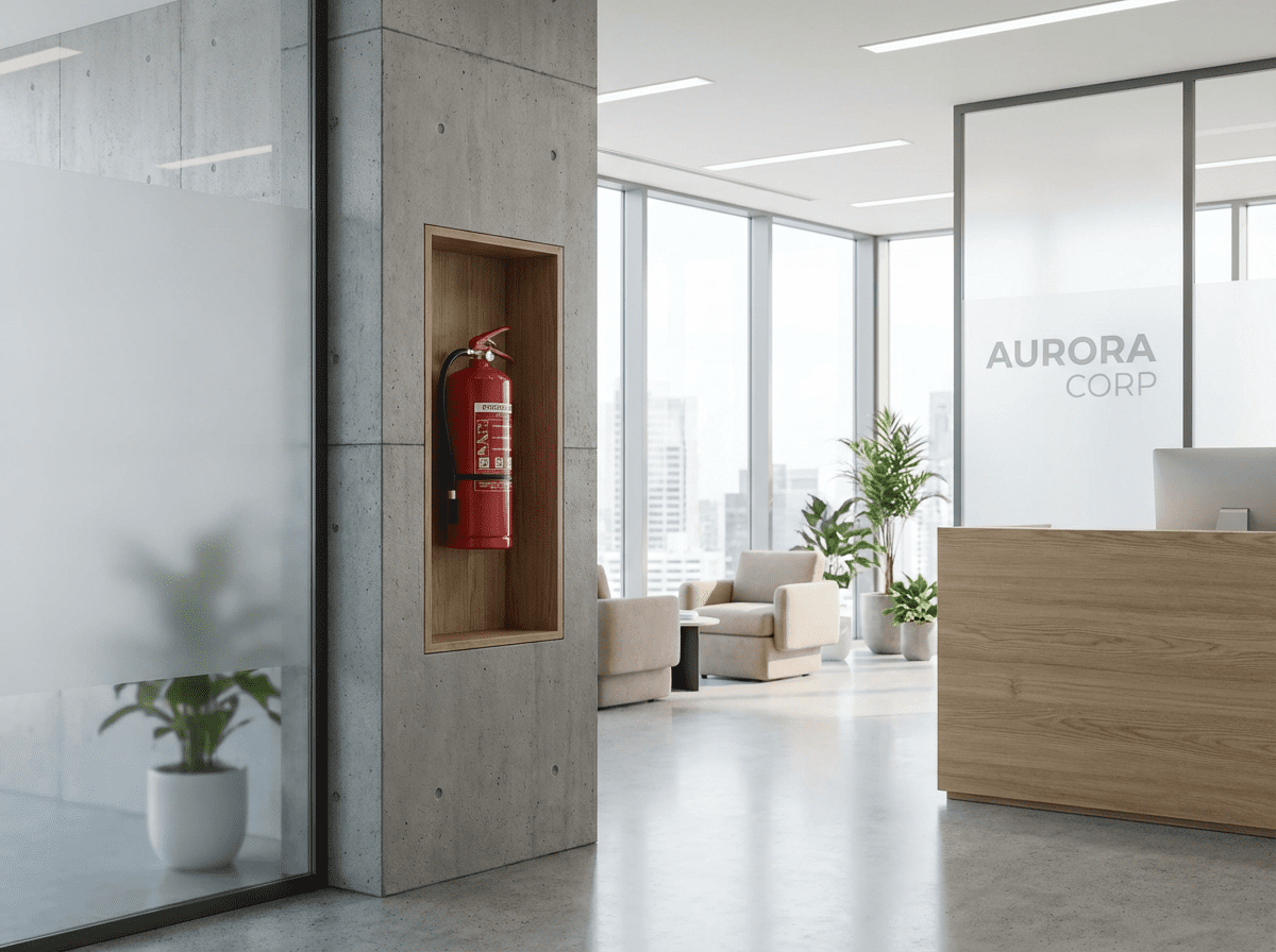 Extincteur &agrave; eau pulv&eacute;ris&eacute;e install&eacute; dans une r&eacute;ception de bureau conforme au Code du travail