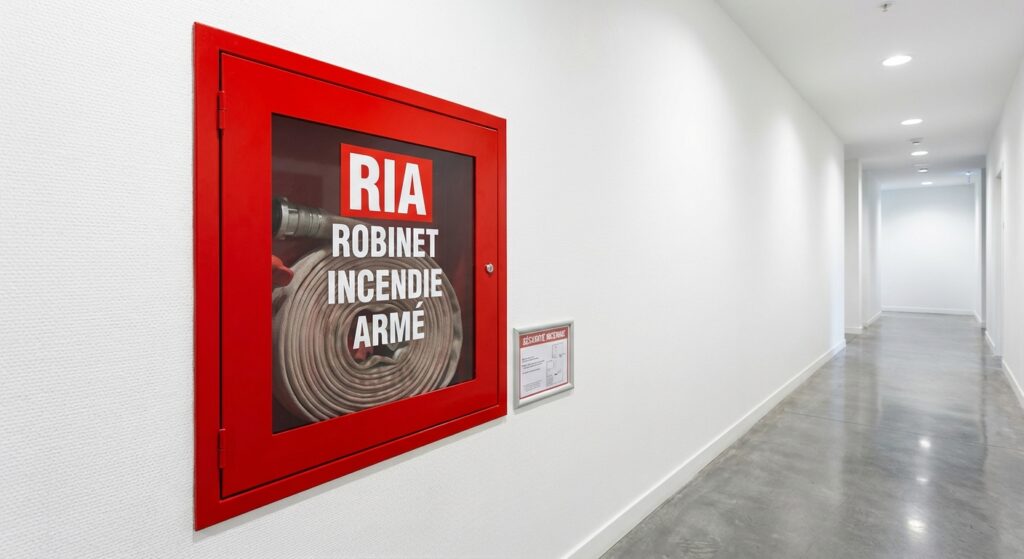 Détail d’un RIA avec tuyau et lance conforme NF S 62-201