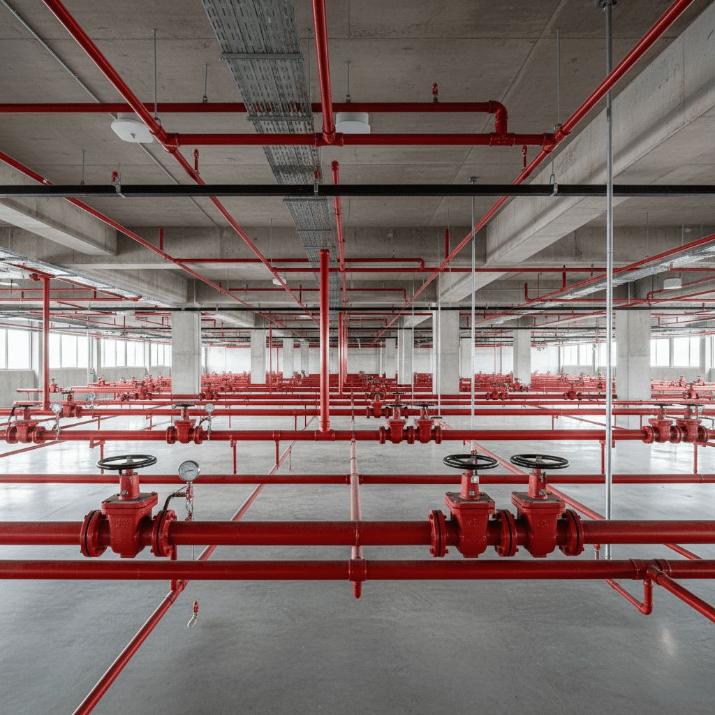Réseau de tuyauterie RIA rouge installé au plafond d'un bâtiment