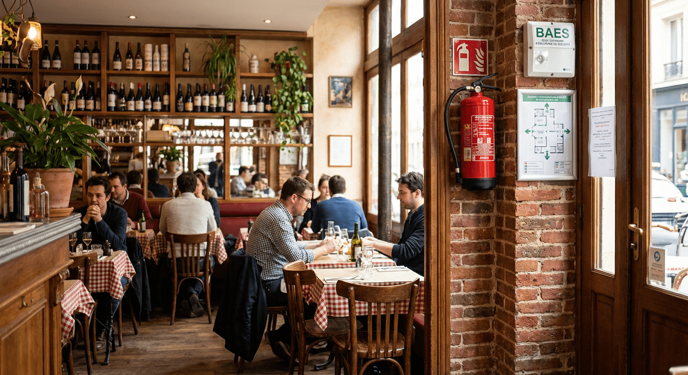 Restaurant de 5ème catégorie équipé extincteur, BAES et plan d'évacuation