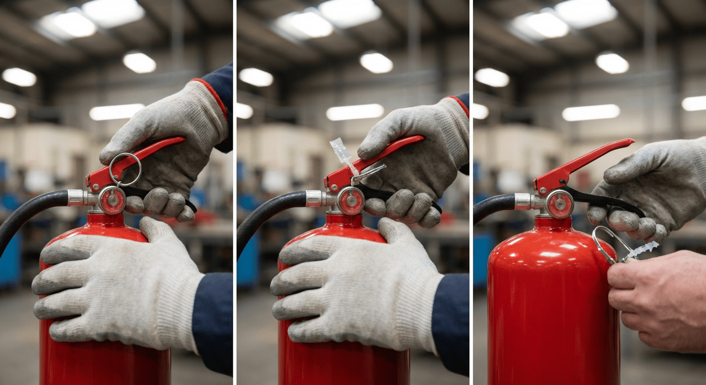 Gros plan sur les mains retirant la goupille de sécurité d’un extincteur rouge