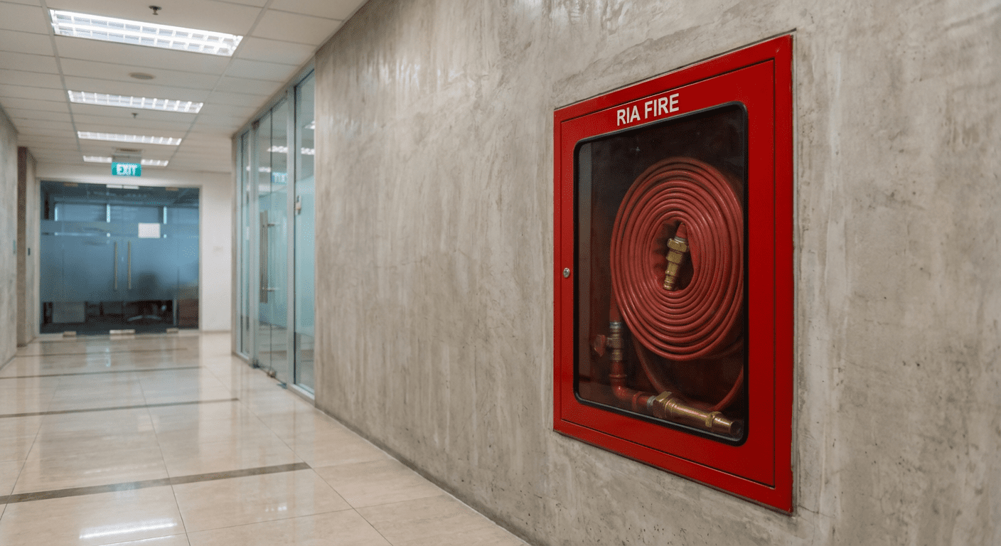 Coffret de robinet d’incendie armé RIA mural avec porte vitrée dans un couloir de bâtiment commercial