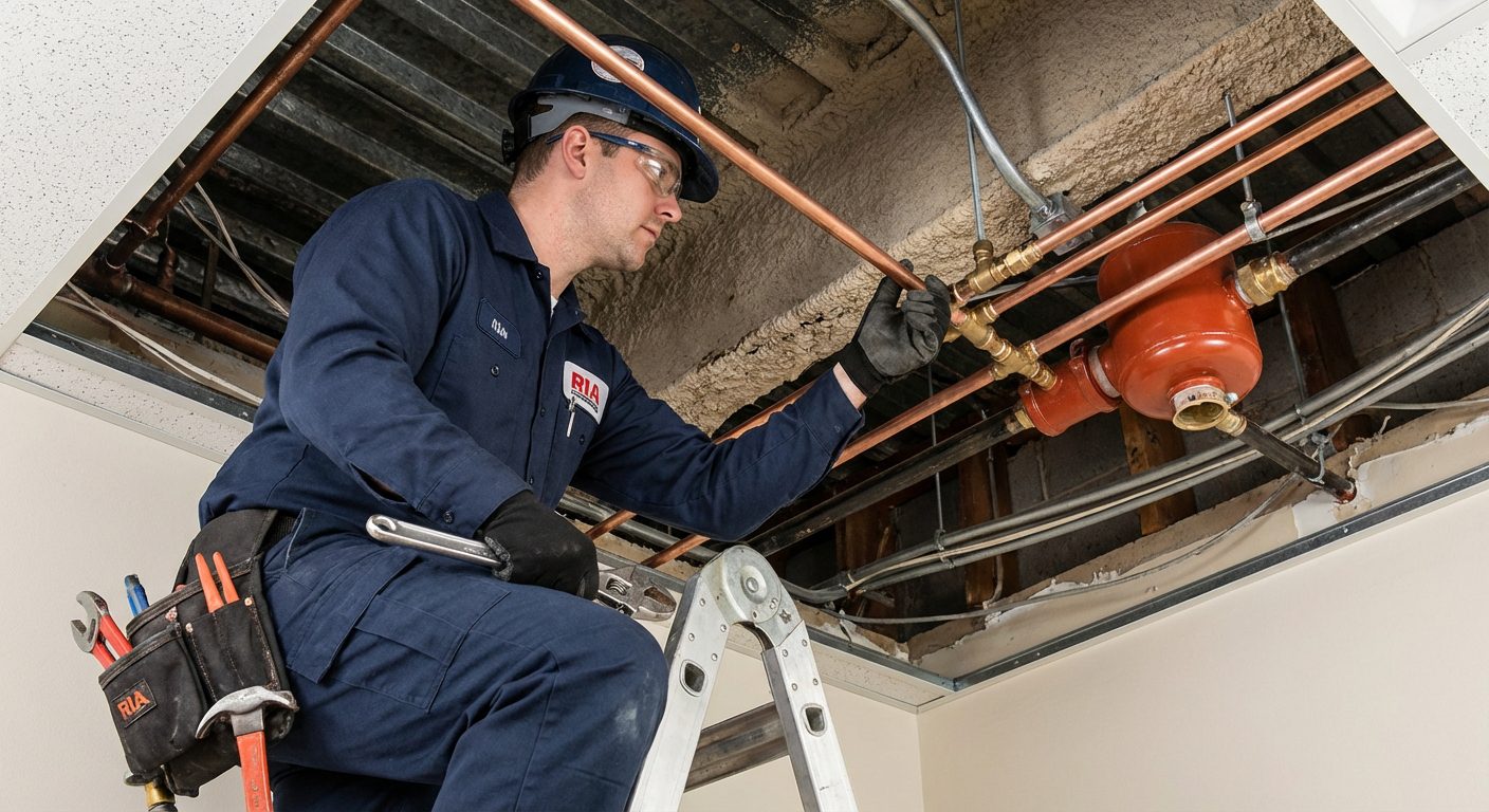 Technicien installant la tuyauterie RIA dans un bâtiment