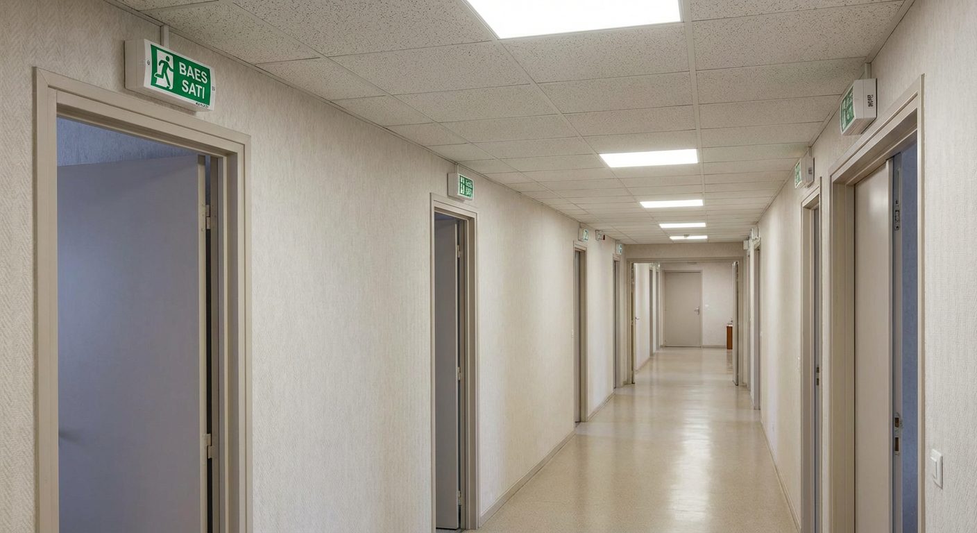 Rangée de BAES correctement installés au-dessus des portes dans un couloir de bureau