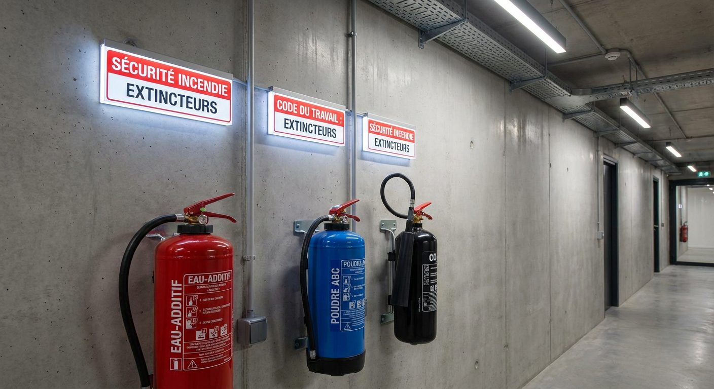 Differents types extincteurs installes dans couloir entreprise