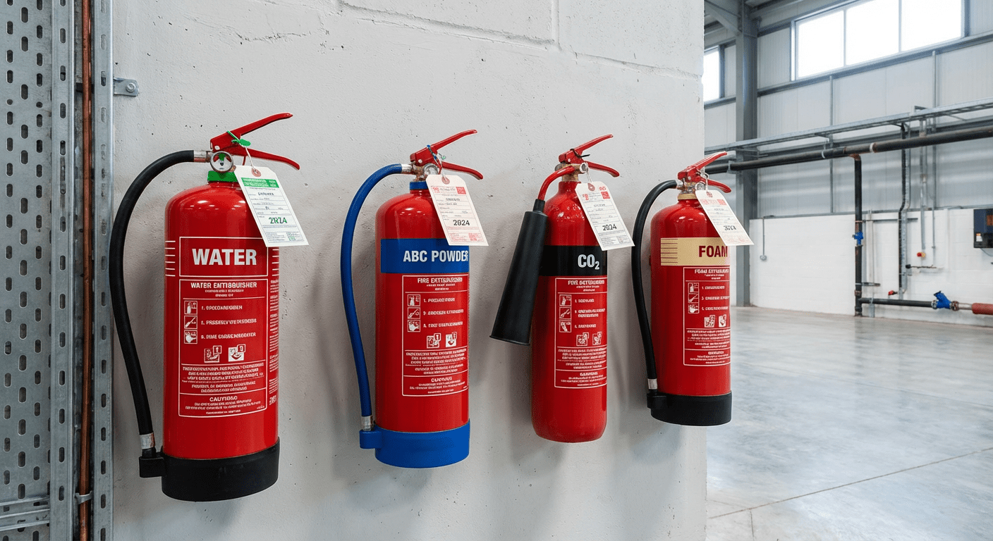 Differents types extincteurs avec etiquettes controle conformes