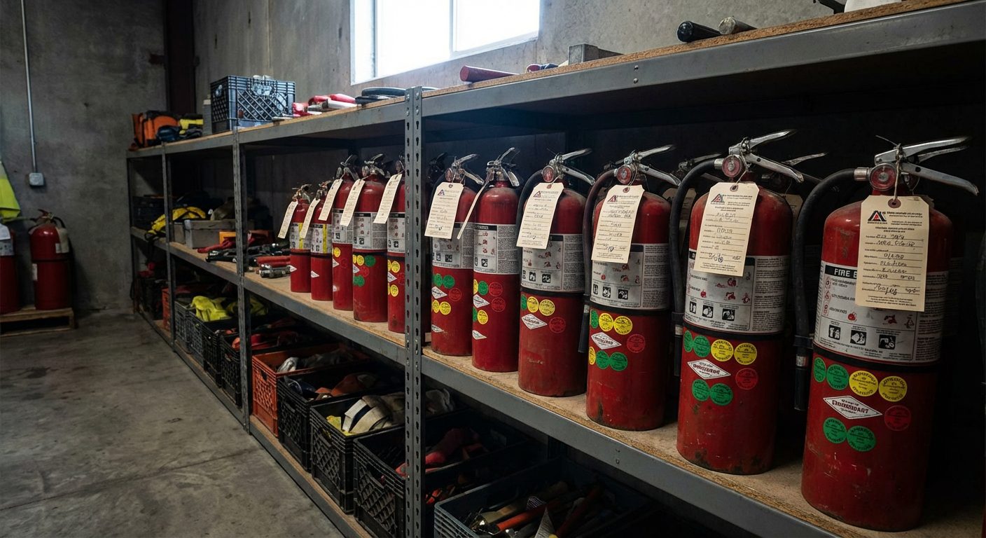 Rangee d extincteurs avec etiquettes de verification colorees