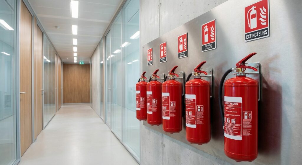 Extincteurs poudre ABC installés dans des bureaux professionnels