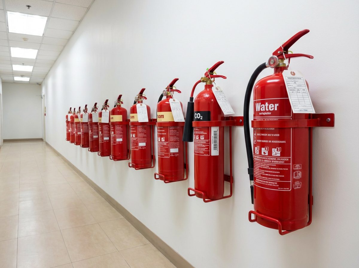 Rangée d’extincteurs dans un établissement commercial ERP