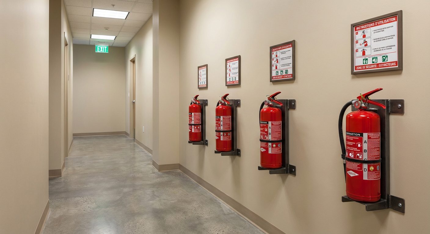 extincteurs alignes couloir petite entreprise