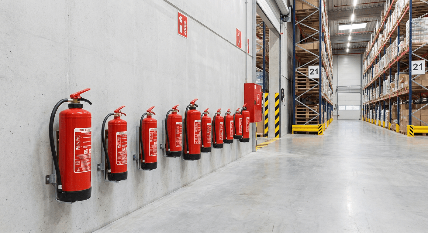 Rangee d'extincteurs maintenus et conformes dans un entrepot a Grenoble