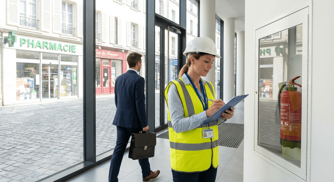 Inspecteur de commission de securite verifiant un commerce a Lyon