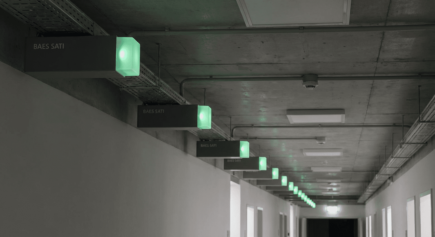 Rangée de blocs BAES SATI installés le long du plafond dans un couloir avec éclairage vert