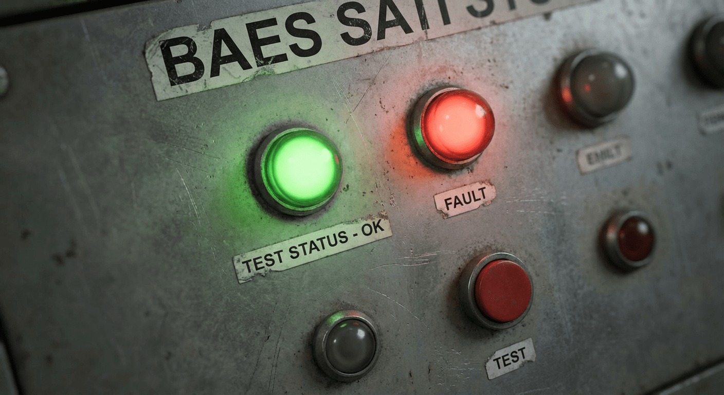 Panneau de contrôle SATI BAES avec voyants LED vert et rouge indiquant le statut des tests