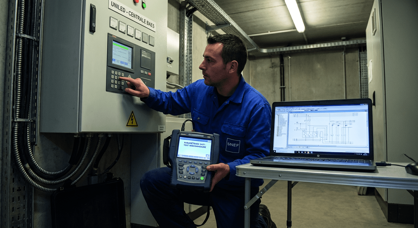 Électricien programmant les paramètres de test SATI sur une centrale de gestion BAES