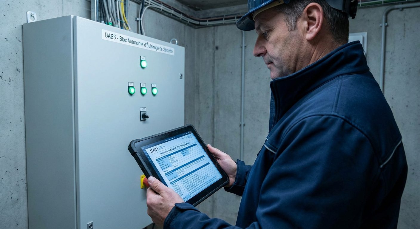 Responsable maintenance consultant un rapport de test SATI sur tablette près de blocs BAES