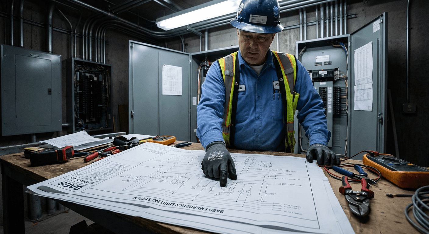 Technicien consultant un schéma de câblage pour installation d'un circuit BAES