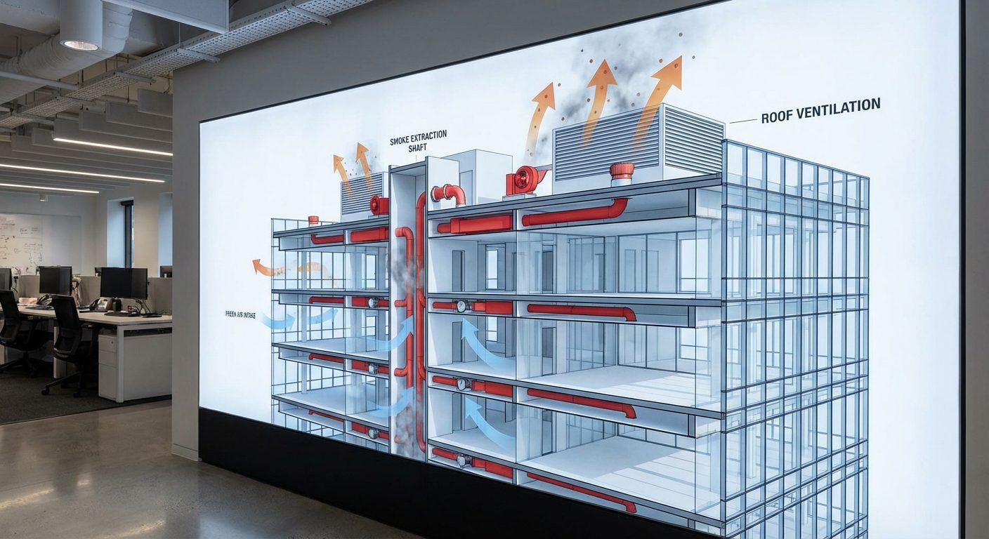Schéma de ventilation des fumées dans un bâtiment commercial