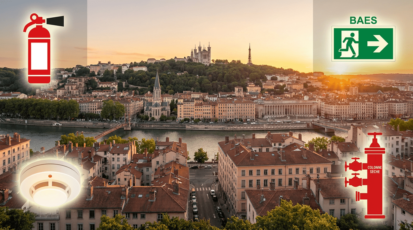 Securite incendie Lyon vue panoramique avec icones equipements de protection