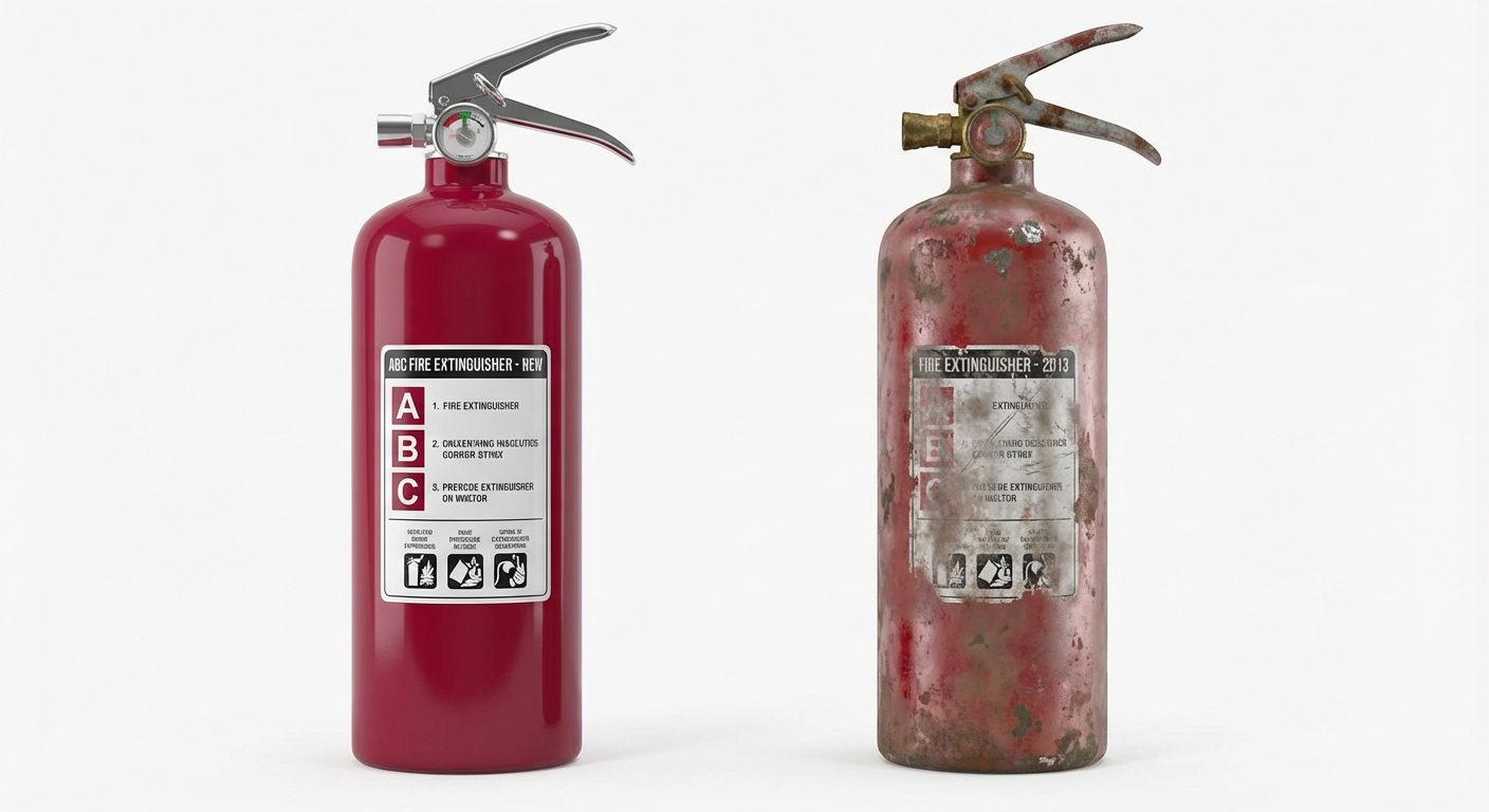 Comparaison visuelle entre un extincteur neuf et un extincteur de 10 ans use
