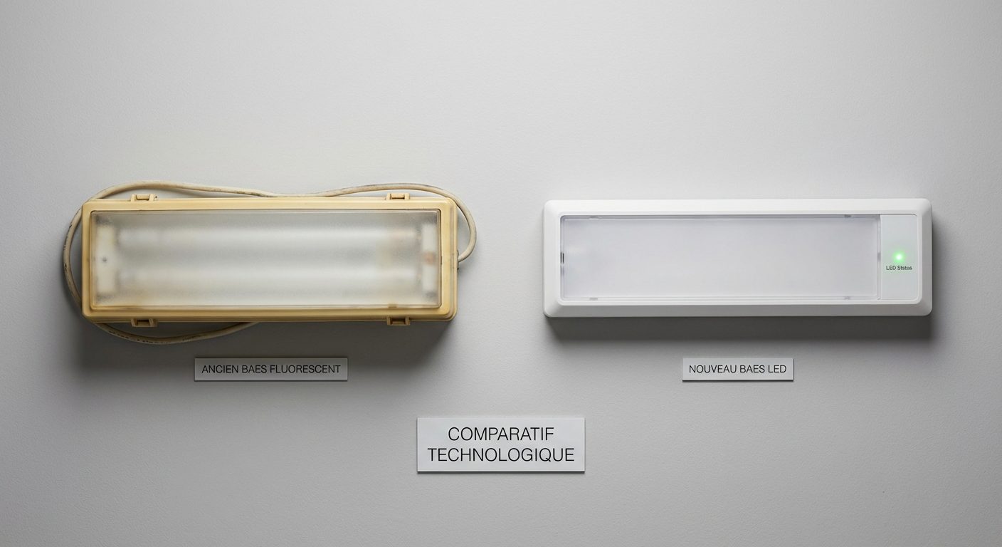 Comparaison BAES fluorescent ancien vs BAES LED moderne