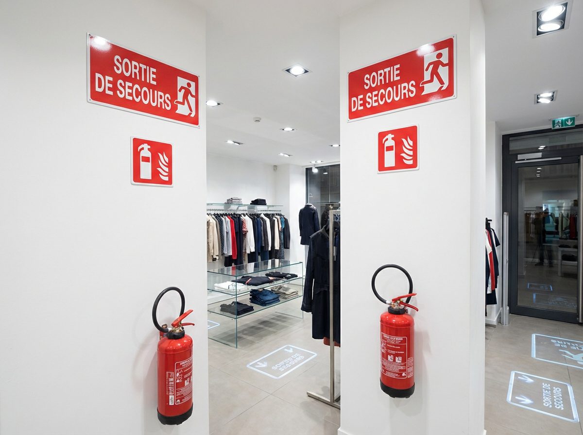 Extincteur en commerce : obligations, types et réglementation ERP 3 Signalétique de sécurité incendie dans une boutique à Lyon