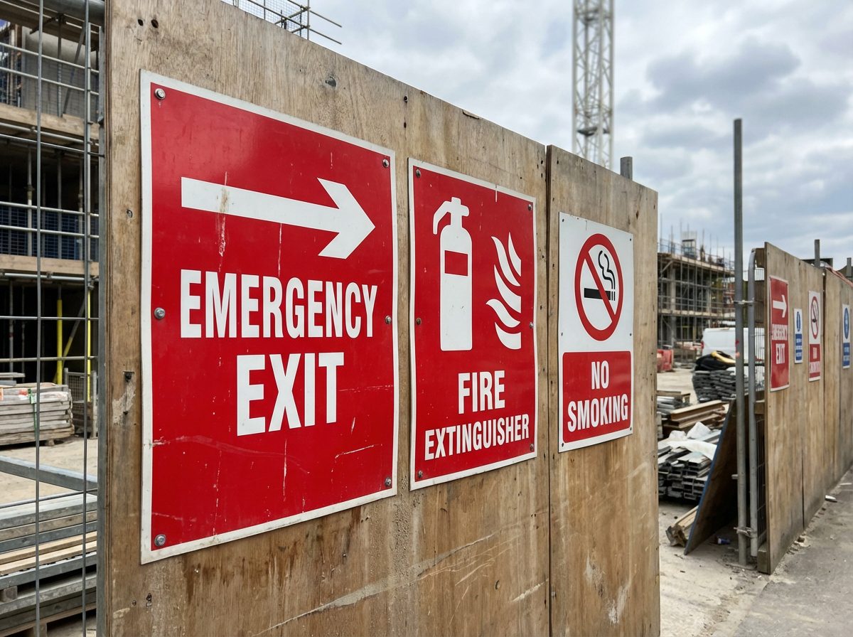 Signaletique de securite incendie sur palissade de chantier BTP